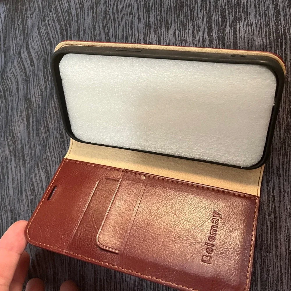 New Belemay Genuine Leather Wallet Case for iPhone 15 Pro Folio Cover Red